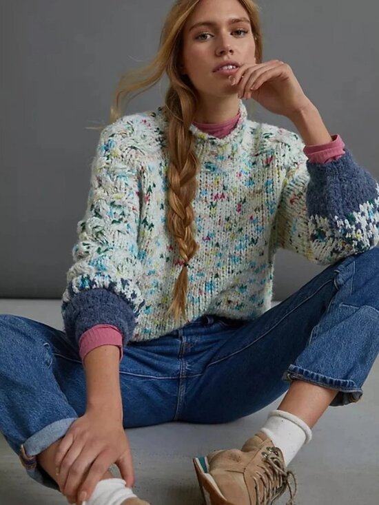 Anthropologie Sweaters - Anthropologie Cream Funfetti Speckled Roll Neck Sweater with Navy Cuffs
